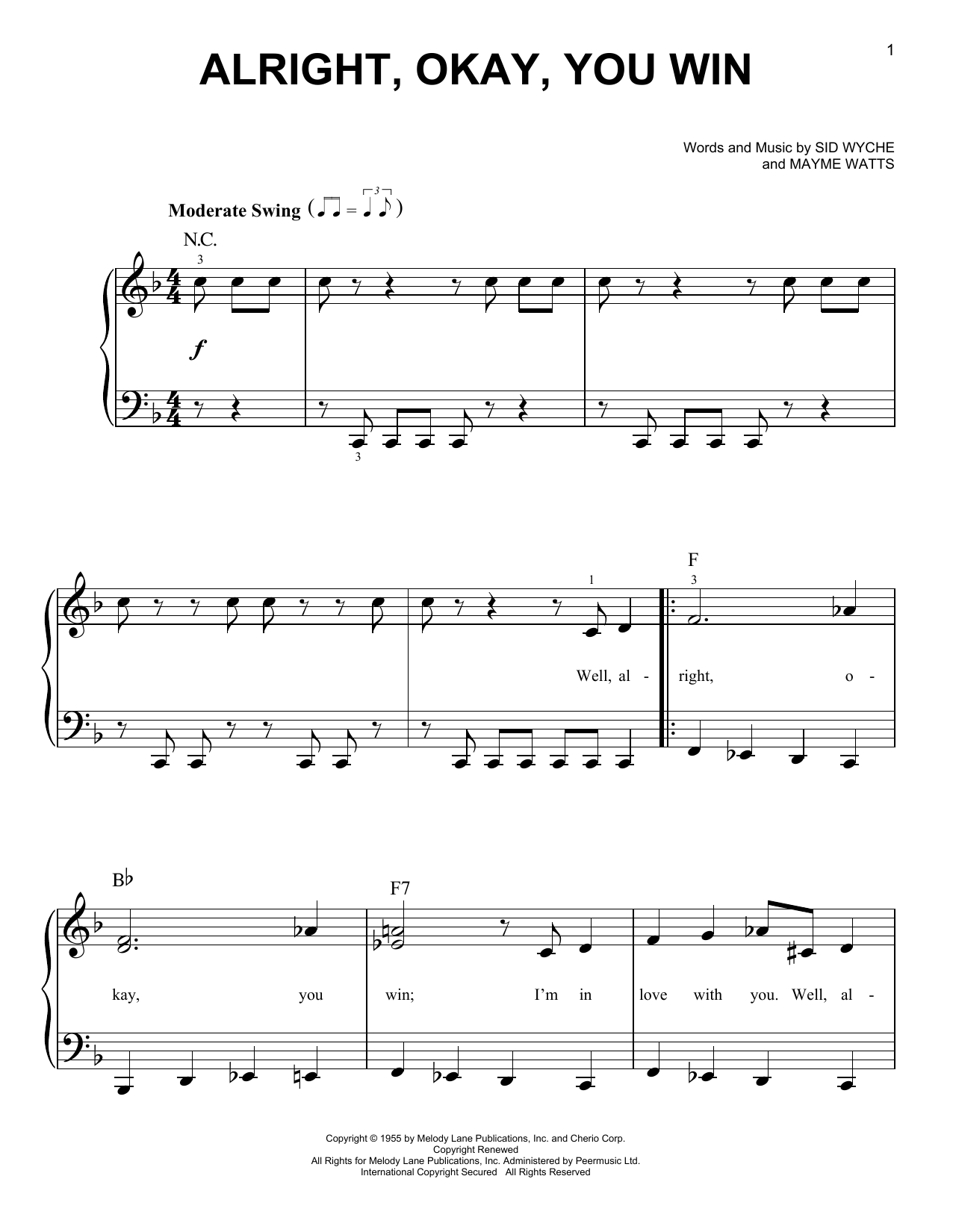 Peggy Lee Alright, Okay, You Win sheet music notes and chords. Download Printable PDF.