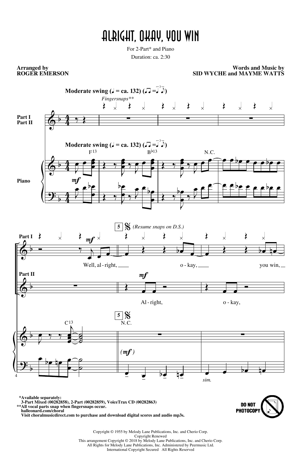 Learn to play Sid Wyche Alright, Okay, You Win (arr. Roger Emerson) sheet music for 3-Part Mixed Choir in minutes. Price: 3.9900$ Sid Wyche Alright, Okay, You Win (arr. Roger Emerson) sheet music notes and chords arranged for 3-Part Mixed Choir