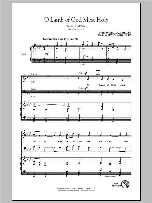 Learn to play Penny Rodriguez O Lamb Of God Most Holy sheet music for SATB Choir in minutes. Price: 3.9900$ Penny Rodriguez O Lamb Of God Most Holy sheet music notes and chords arranged for SATB Choir