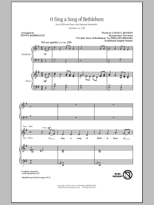 Learn to play Penny Rodriguez O Sing A Song Of Bethlehem sheet music for SATB Choir in minutes. Price: 3.9900$ Penny Rodriguez O Sing A Song Of Bethlehem sheet music notes and chords arranged for SATB Choir
