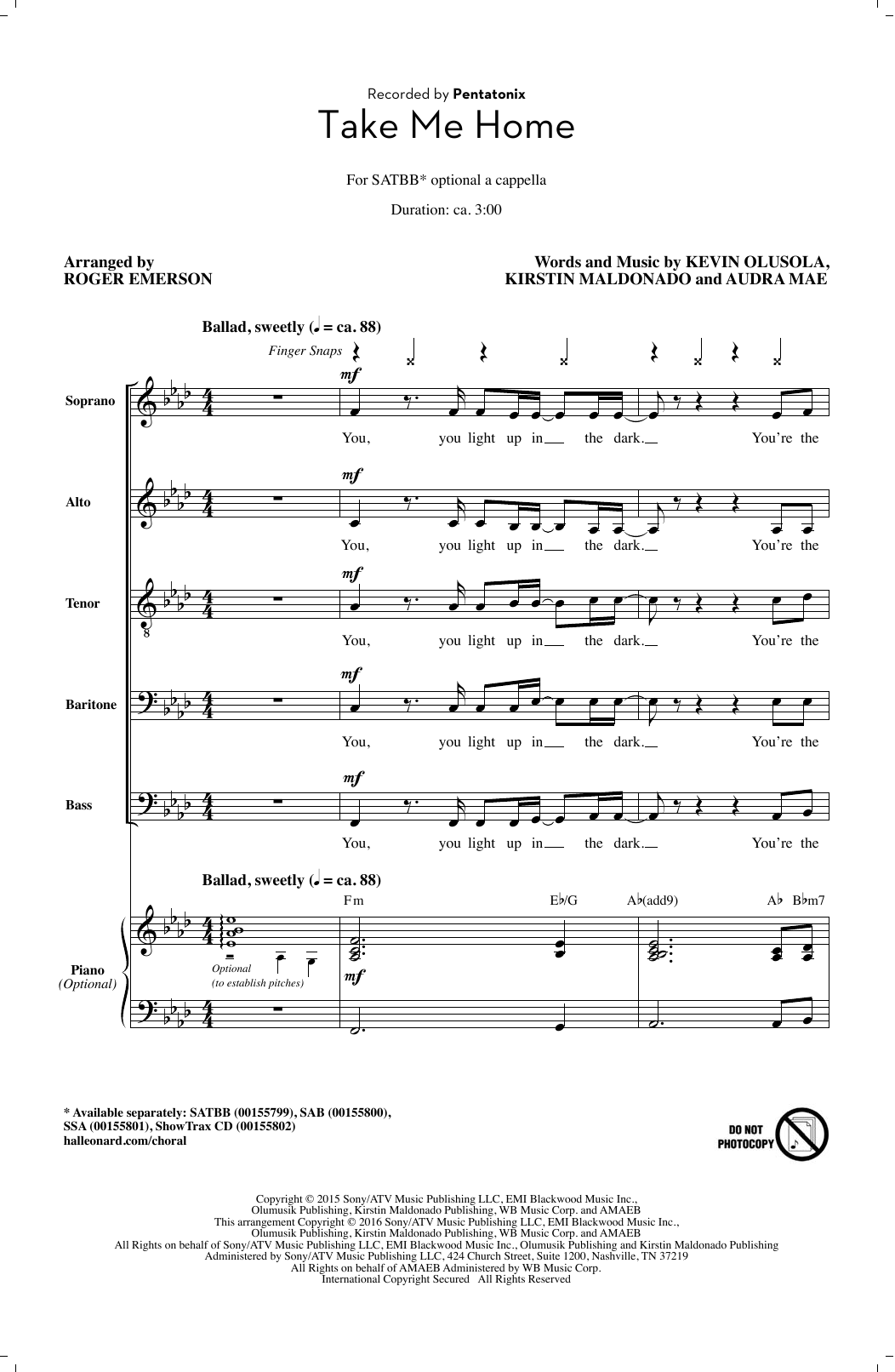 Pentatonix Take Me Home (arr. Roger Emerson) sheet music notes and chords. Download Printable PDF.