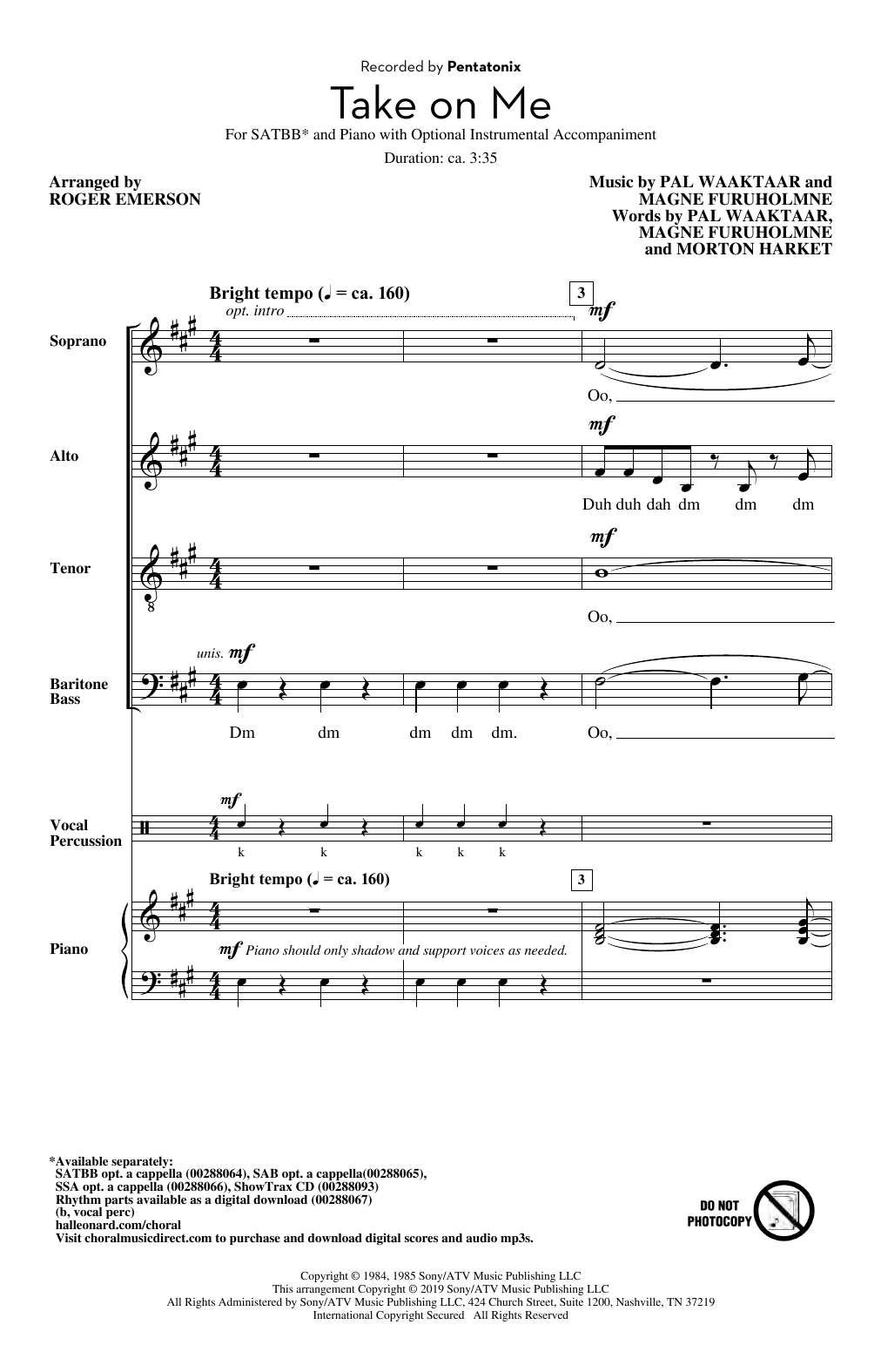 Pentatonix Take On Me (arr. Roger Emerson) sheet music notes and chords. Download Printable PDF.