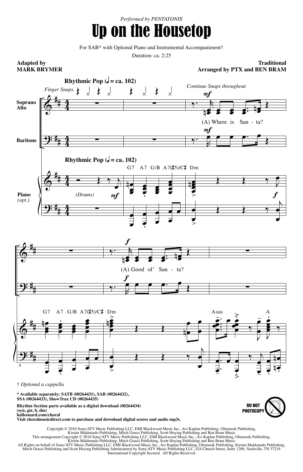 Pentatonix Up On The Housetop Adapt Mark Brymer Sheet Music And Chords Printable Ssa Choir 1880