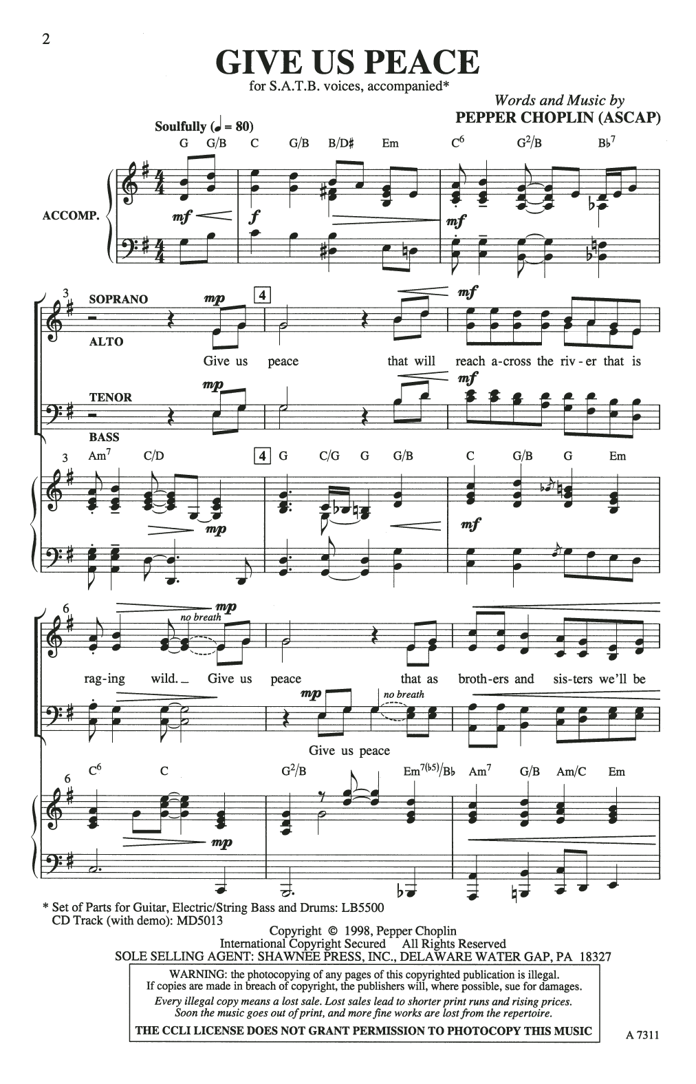 Pepper Choplin Give Us Peace sheet music notes and chords. Download Printable PDF.