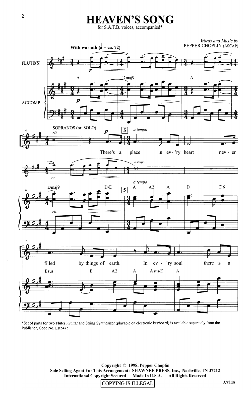 Pepper Choplin Heaven's Song sheet music notes and chords. Download Printable PDF.