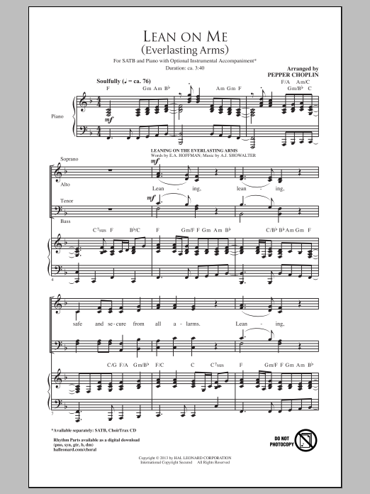 Learn to play Pepper Choplin Lean On Me sheet music for SATB Choir in minutes. Pepper Choplin Lean On Me sheet music notes and chords. Download Printable PDF.