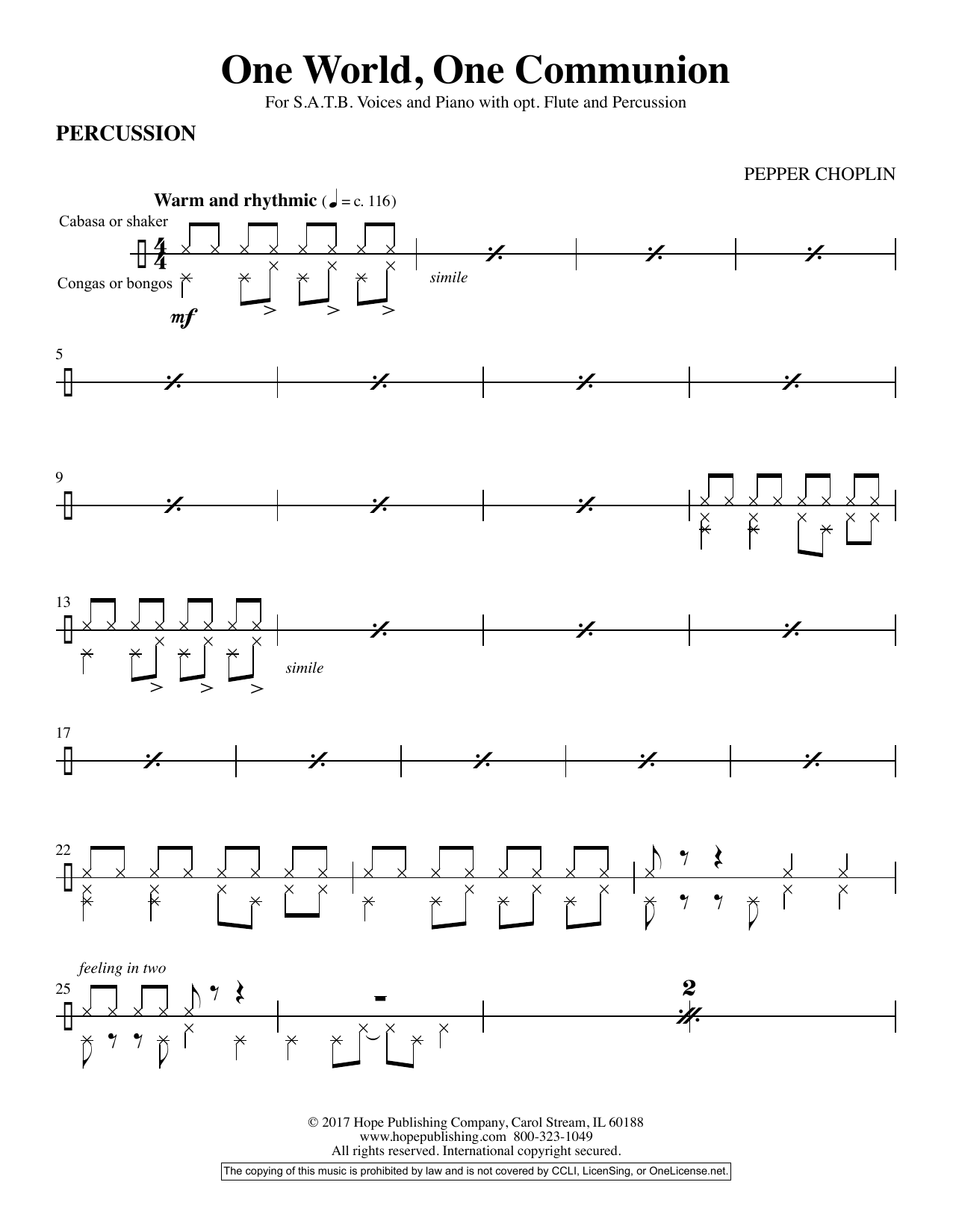 Learn to play Pepper Choplin One World, One Communion - Percussion sheet music for Choir Instrumental Pak in minutes. Price: 6.9900$ Pepper Choplin One World, One Communion - Percussion sheet music notes and chords arranged for Choir Instrumental Pak