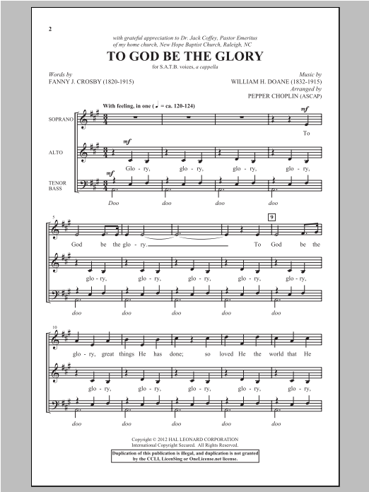 Learn to play Pepper Choplin To God Be The Glory sheet music for SATB Choir in minutes. Price: 3.9900$ Pepper Choplin To God Be The Glory sheet music notes and chords arranged for SATB Choir
