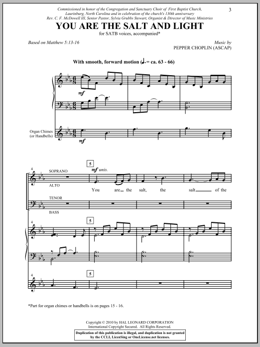 Learn to play Pepper Choplin You Are The Salt And The Light sheet music for SATB Choir in minutes. Price: 3.9900$ Pepper Choplin You Are The Salt And The Light sheet music notes and chords arranged for SATB Choir