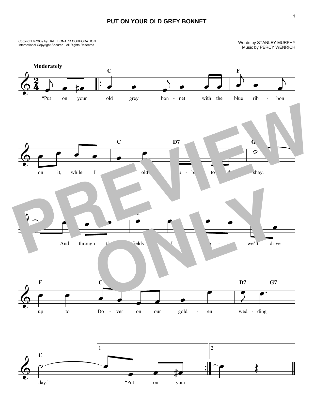 Learn to play Percy Wenrich Put On Your Old Grey Bonnet sheet music for Easy Lead Sheet / Fake Book in minutes. Price: 5.9900$ Percy Wenrich Put On Your Old Grey Bonnet sheet music notes and chords arranged for Easy Lead Sheet / Fake Book