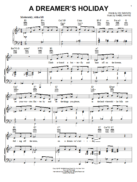 Learn to play Kim Gannon A Dreamer's Holiday sheet music for Lead Sheet / Fake Book in minutes. Price: 5.9900$ Kim Gannon A Dreamer's Holiday sheet music notes and chords arranged for Lead Sheet / Fake Book