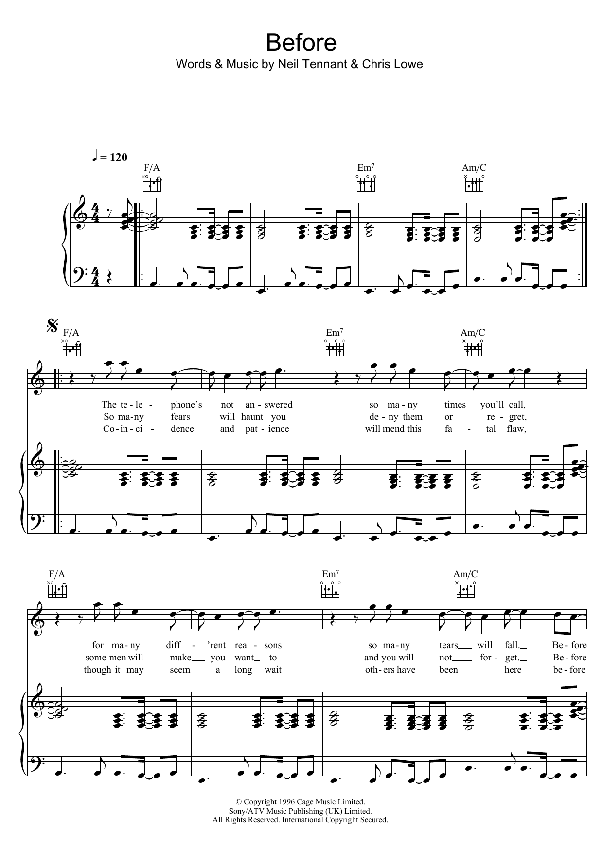 Learn to play Pet Shop Boys Before sheet music for Piano, Vocal & Guitar (Right-Hand Melody) in minutes. Pet Shop Boys Before sheet music notes and chords. Download Printable PDF.