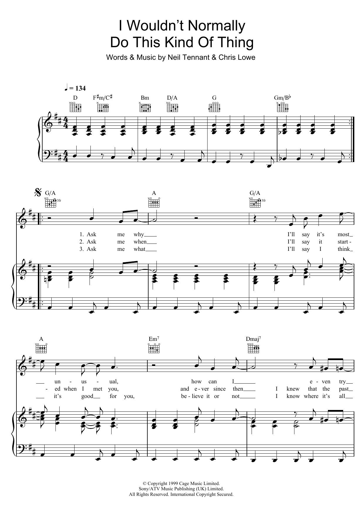 Learn to play Pet Shop Boys I Wouldn't Normally Do This Kind Of Thing sheet music for Piano, Vocal & Guitar (Right-Hand Melody) in minutes. Price: 7.8900$ Pet Shop Boys I Wouldn't Normally Do This Kind Of Thing sheet music notes and chords. Download Printable PDF.