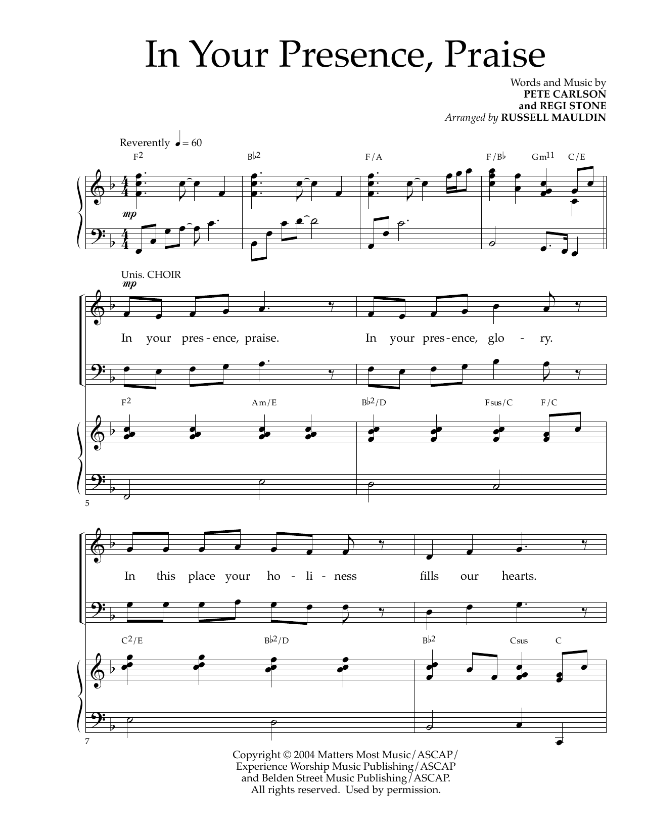 Learn to play Pete Carlson and Regi Stone In Your Presence, Praise (arr. Russell Mauldin) sheet music for SATB Choir in minutes. Price: 3.9900$ Pete Carlson and Regi Stone In Your Presence, Praise (arr. Russell Mauldin) sheet music notes and chords arranged for SATB Choir