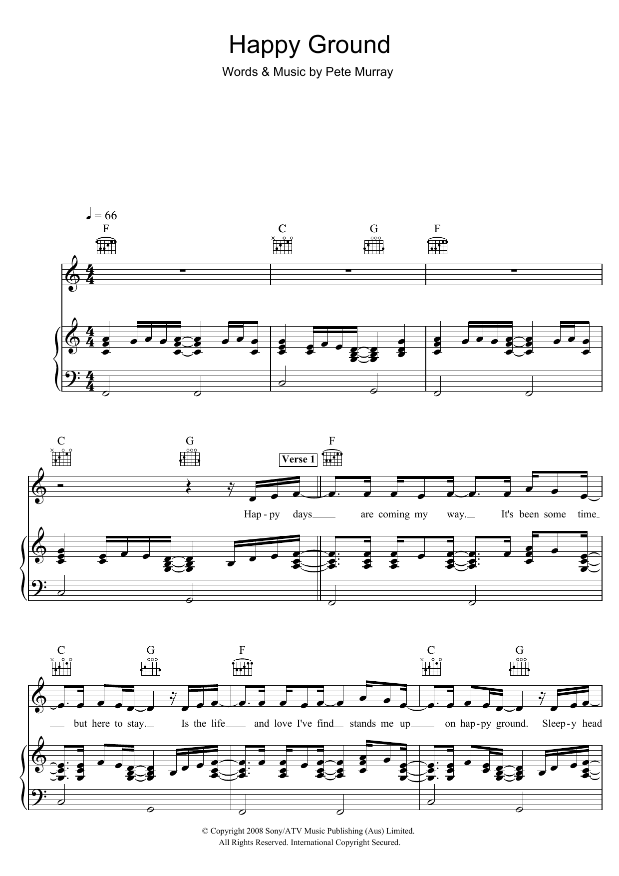 Learn to play Pete Murray Happy Ground sheet music for Piano, Vocal & Guitar (Right-Hand Melody) in minutes. Pete Murray Happy Ground sheet music notes and chords. Download Printable PDF.