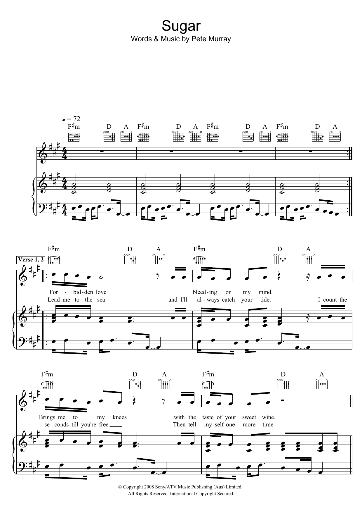 Learn to play Pete Murray Sugar sheet music for Piano, Vocal & Guitar (Right-Hand Melody) in minutes. Pete Murray Sugar sheet music notes and chords. Download Printable PDF.