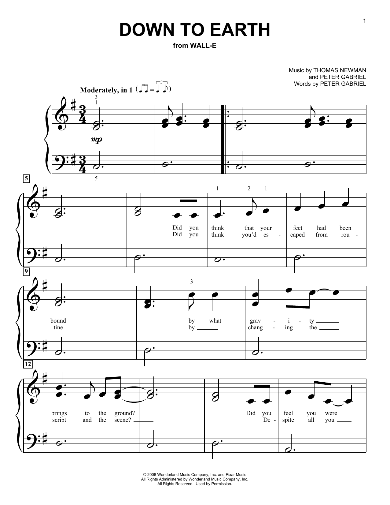 Peter Gabriel Down To Earth (from WALL-E) sheet music notes and chords. Download Printable PDF.