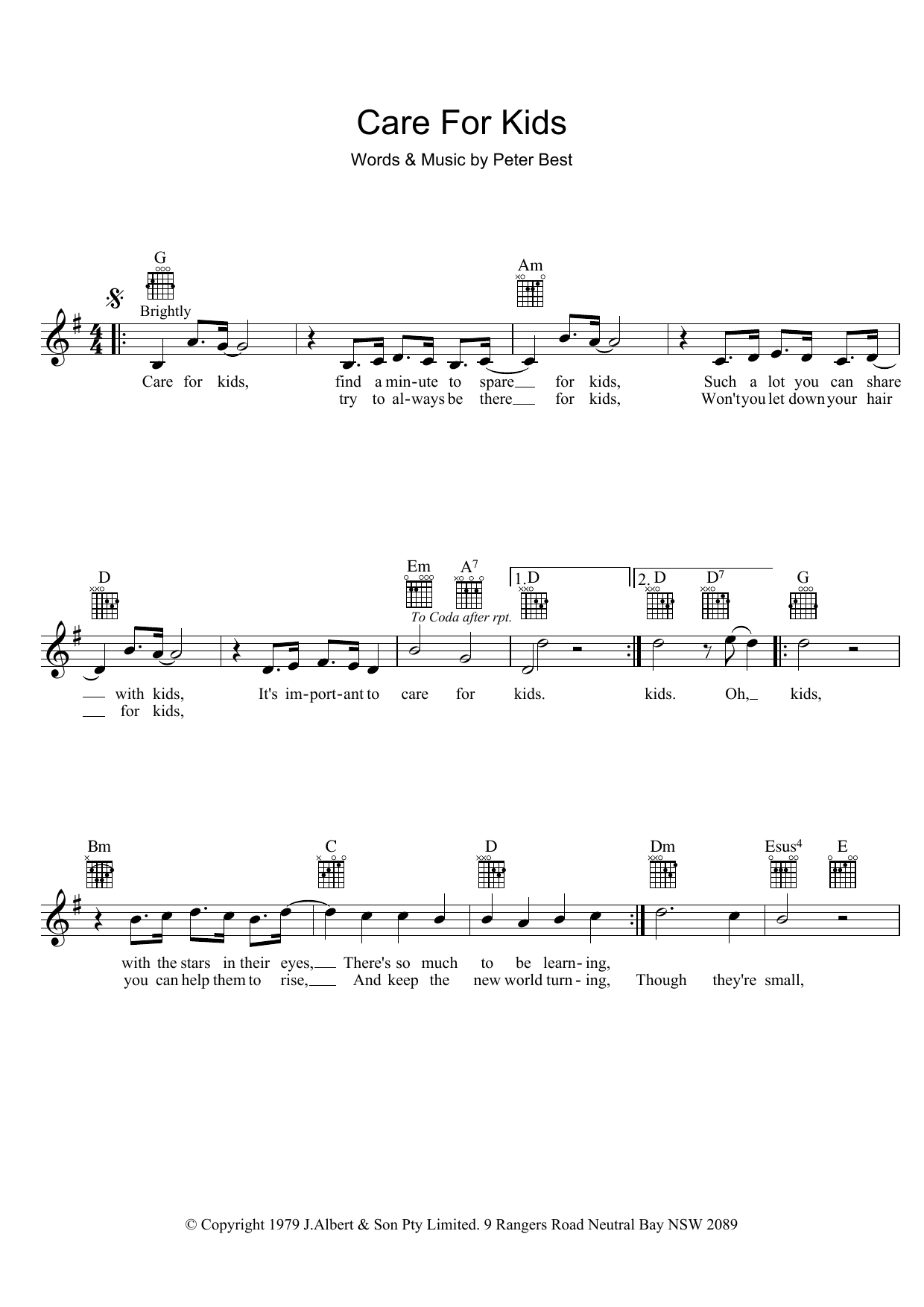 Peter Best Care For Kids sheet music notes and chords arranged for Lead Sheet / Fake Book