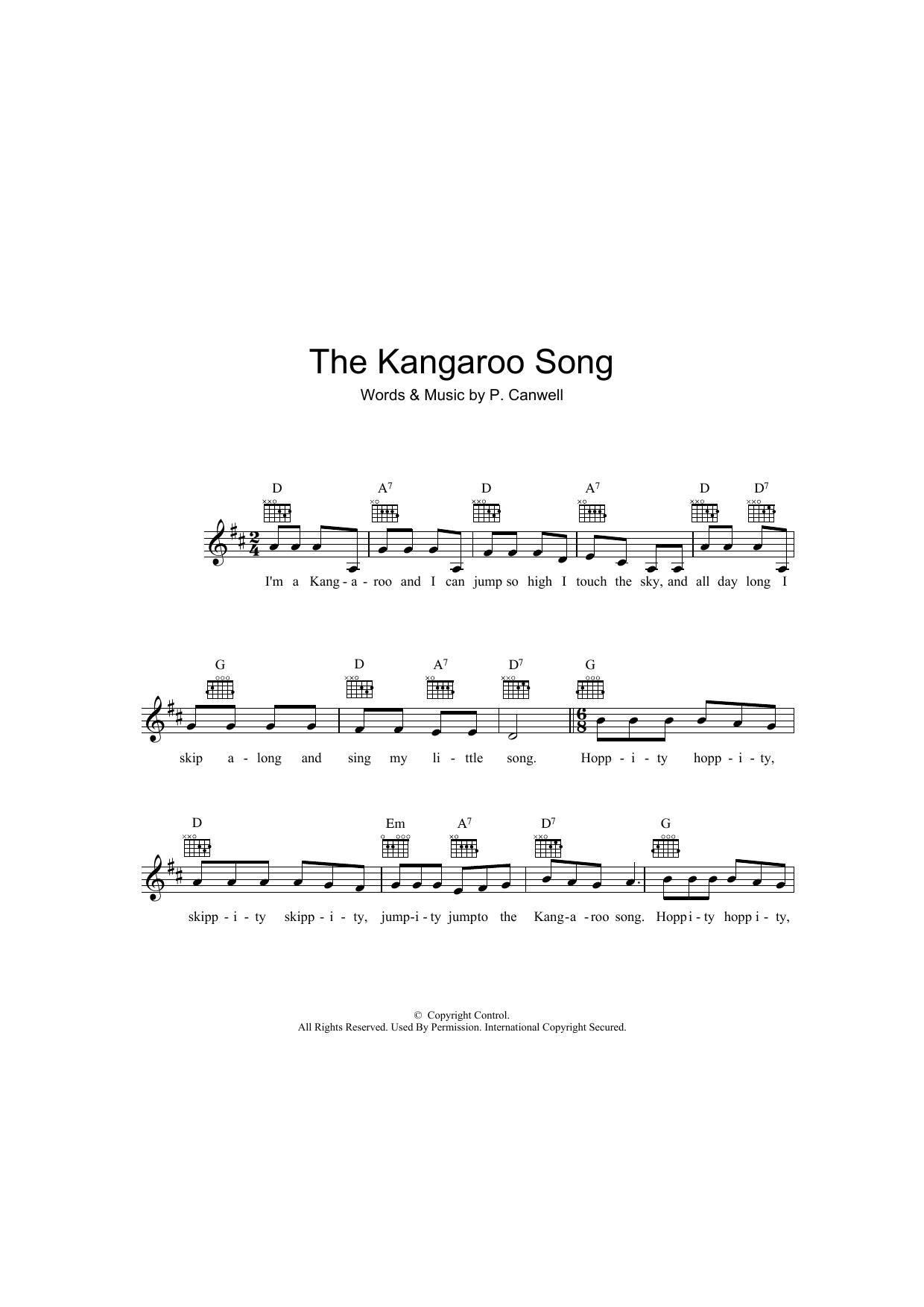 Peter Canwell The Kangaroo Song sheet music notes and chords. Download Printable PDF.