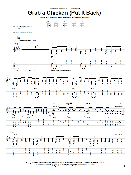 Learn to play Peter Frampton Grab A Chicken (Put It Back) sheet music for Guitar Tab in minutes. Price: 7.8900$ Peter Frampton Grab A Chicken (Put It Back) sheet music notes and chords arranged for Guitar Tab