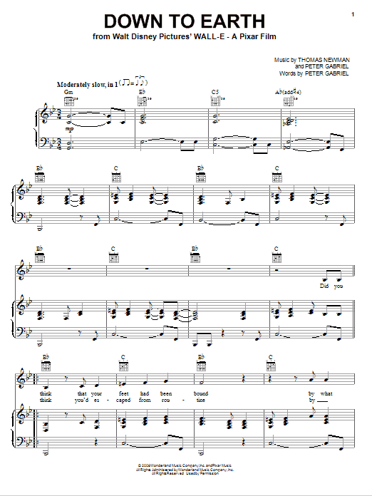 Learn to play Peter Gabriel Down To Earth (from WALL-E) sheet music for Piano, Vocal & Guitar (Right-Hand Melody) in minutes. Peter Gabriel Down To Earth (from WALL-E) sheet music notes and chords. Download Printable PDF.