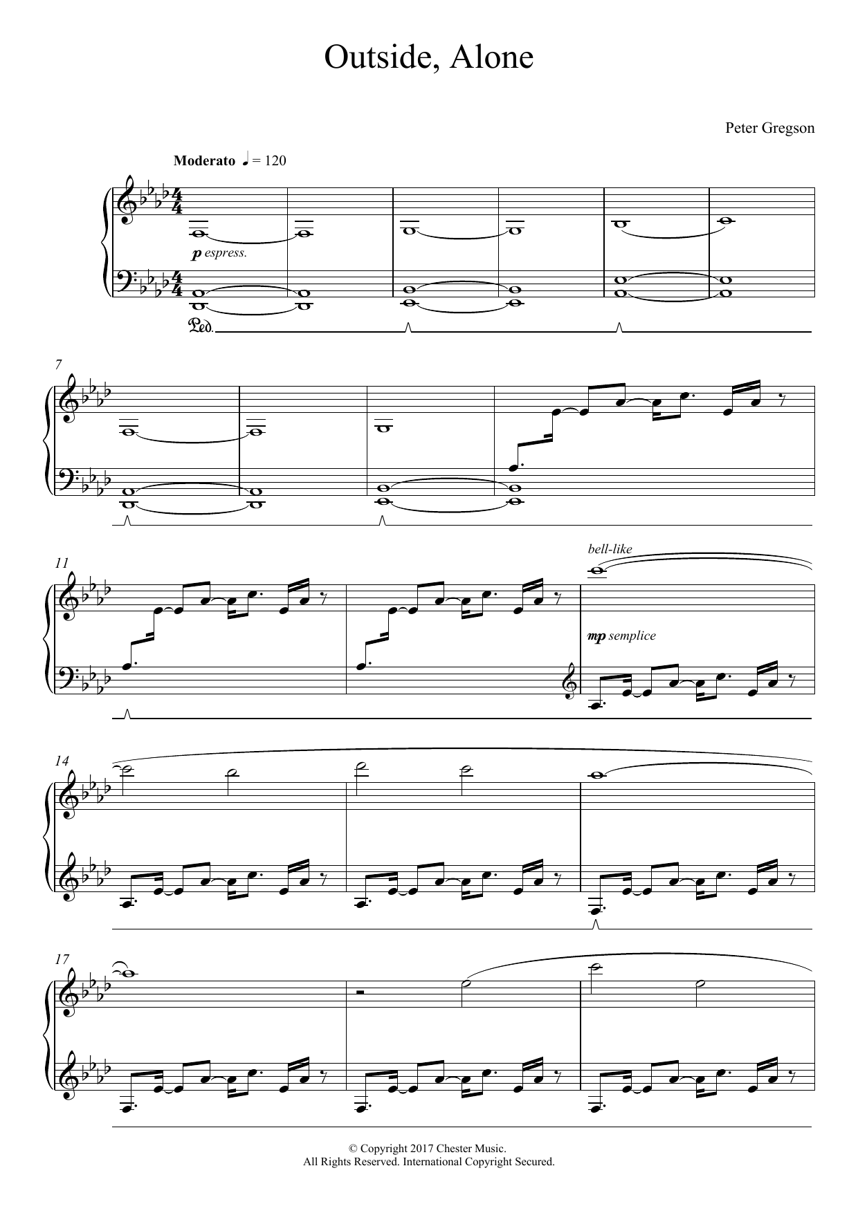 Learn to play Peter Gregson Outside, Alone sheet music for Piano Solo in minutes. Price: 6.9900$ Peter Gregson Outside, Alone sheet music notes and chords arranged for Piano Solo