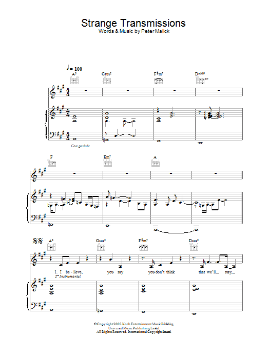 Peter Malick & Norah Jones Strange Transmissions sheet music notes and chords. Download Printable PDF.