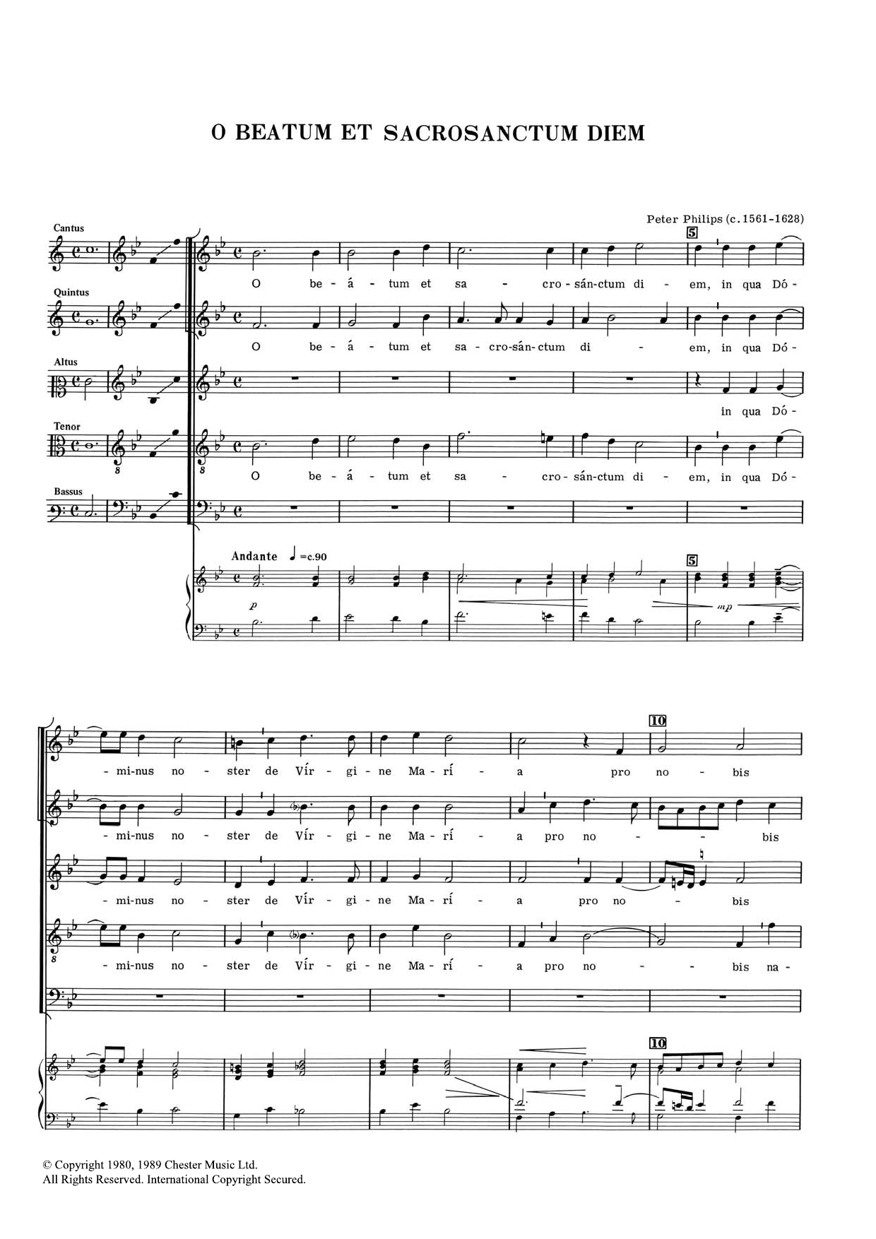 Learn to play Peter Philips O Beatum Et Sacrosanctum Diem sheet music for SATB Choir in minutes. Price: 3.9900$ Peter Philips O Beatum Et Sacrosanctum Diem sheet music notes and chords. Download Printable PDF.