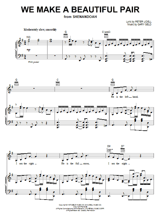 Learn to play Peter Udell We Make A Beautiful Pair sheet music for Piano, Vocal & Guitar (Right-Hand Melody) in minutes. Peter Udell We Make A Beautiful Pair sheet music notes and chords. Download Printable PDF.