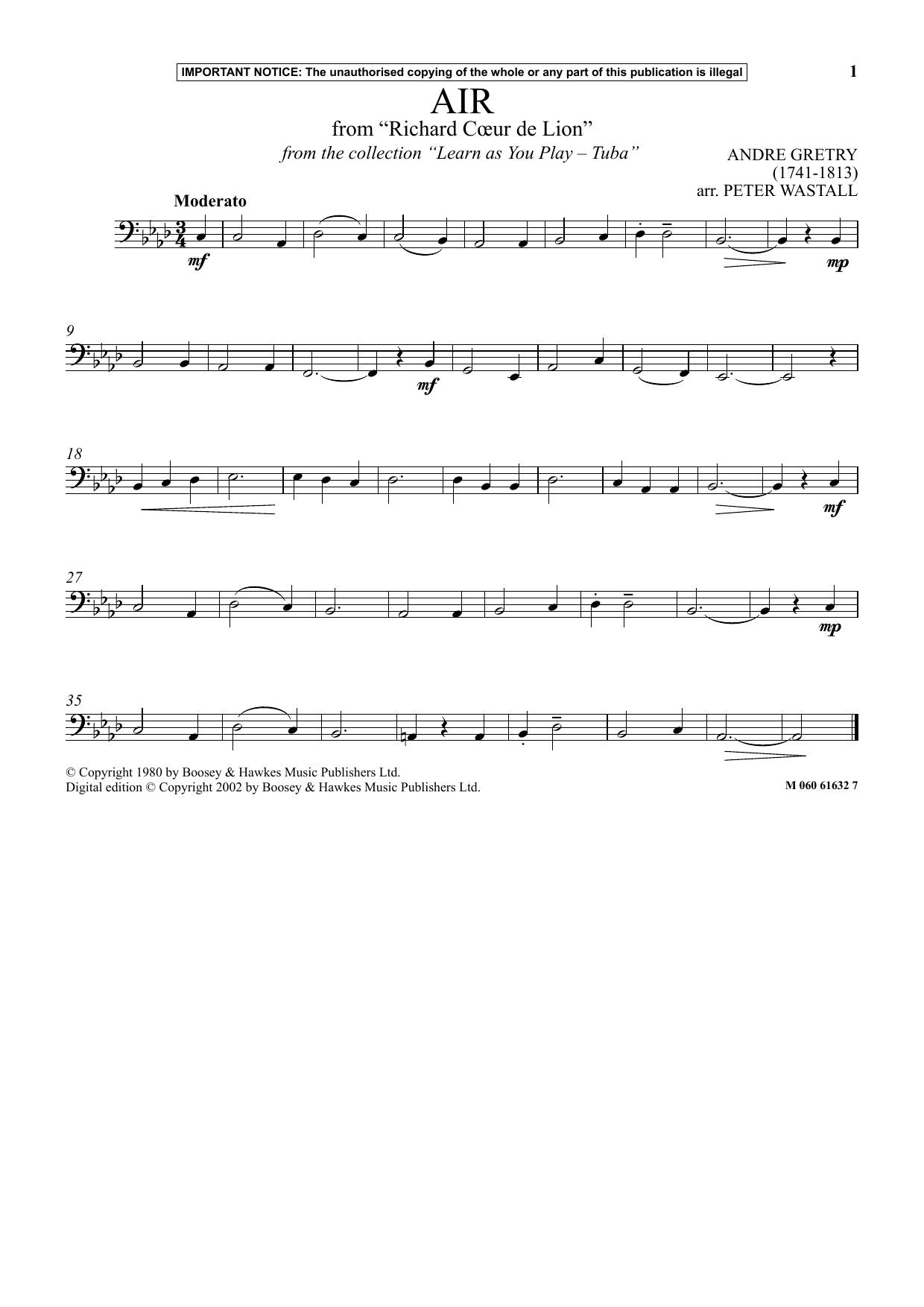 Learn to play Peter Wastall Air From Richard Coeur De Lion (from Learn As You Play Tuba) sheet music for Instrumental Solo in minutes. Price: 5.9900$ Peter Wastall Air From Richard Coeur De Lion (from Learn As You Play Tuba) sheet music notes and chords arranged for Instrumental Solo