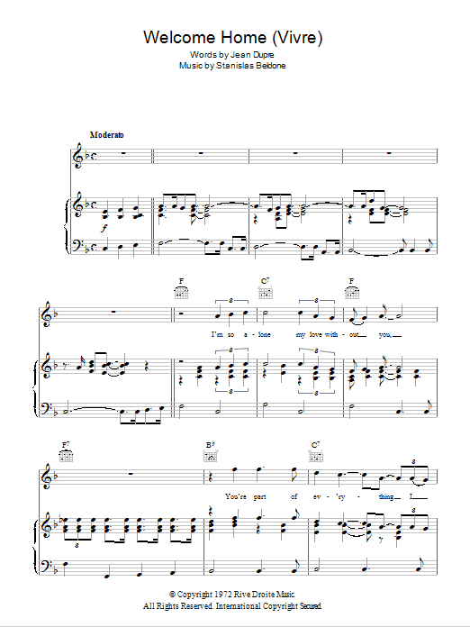 Peters Lee Welcome Home Vivre Sheet Music Pdf Notes Chords Pop Score Piano Vocal Guitar Right Hand Melody Download Printable Sku 104443