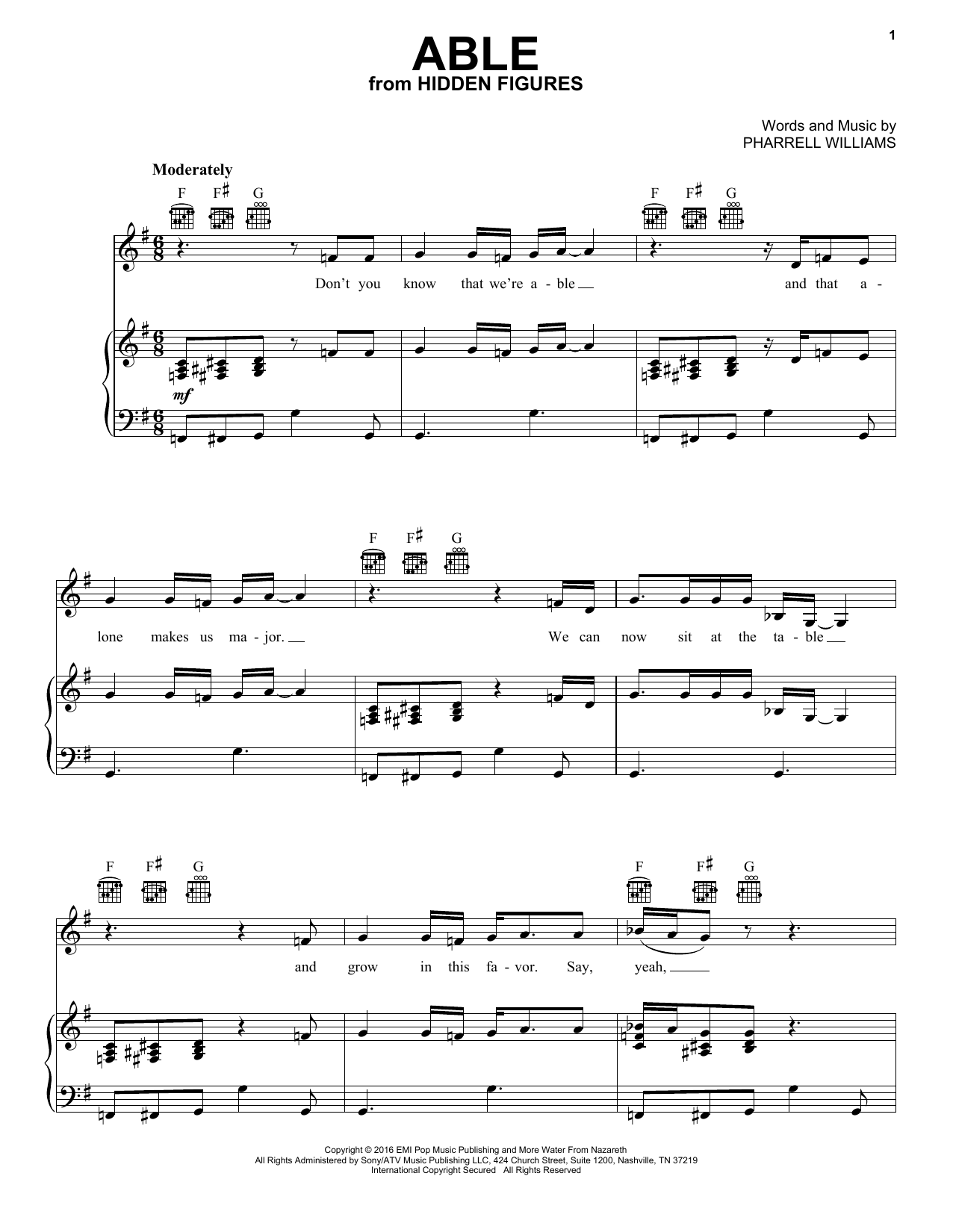 Learn to play Pharrell Williams Able sheet music for Piano, Vocal & Guitar Chords (Right-Hand Melody) in minutes. Price: 7.8900$ Pharrell Williams Able sheet music notes and chords arranged for Piano, Vocal & Guitar Chords (Right-Hand Melody)