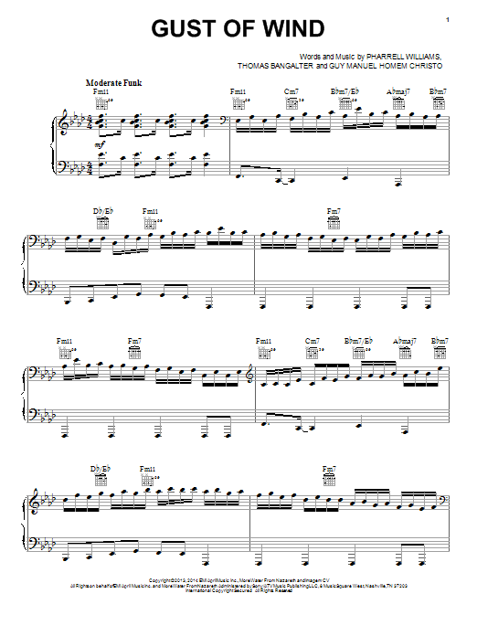 Pharrell Williams Gust Of Wind (feat. Daft Punk) sheet music notes and chords. Download Printable PDF.