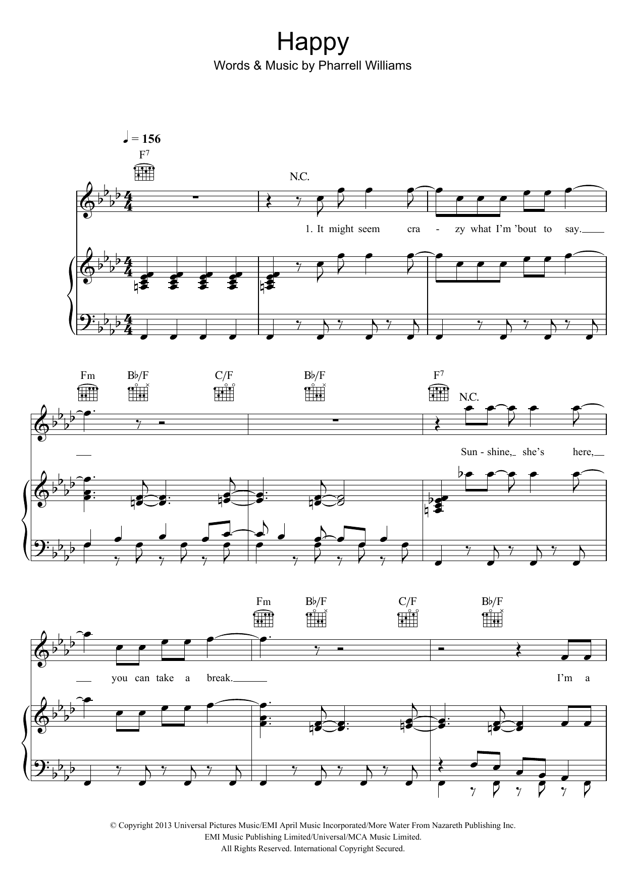 Pharrell Williams Happy Sheet Music in F Minor (transposable) - Download  & Print - SKU: MN0119660