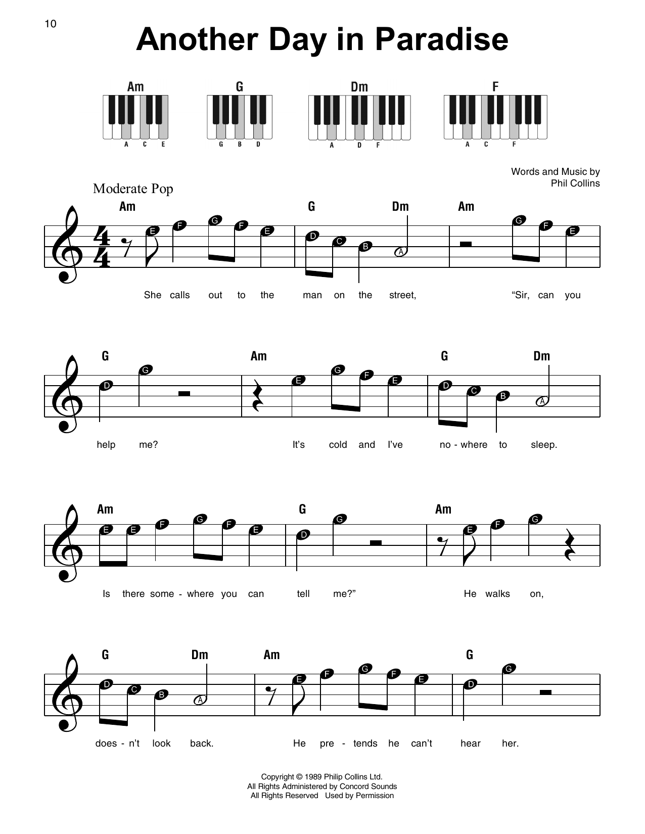 Phil Collins Another Day In Paradise sheet music notes and chords. Download Printable PDF.