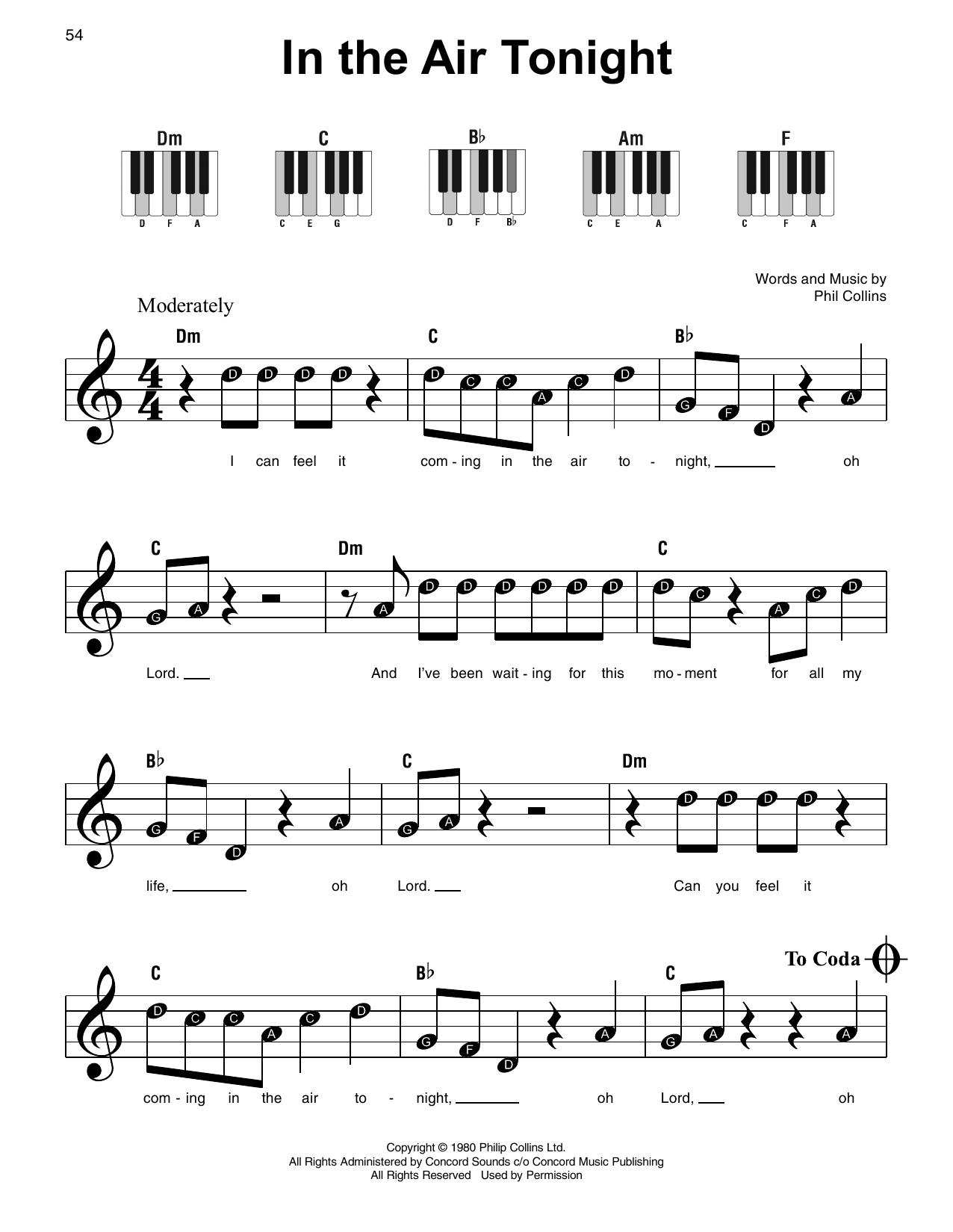 Phil Collins In The Air Tonight sheet music notes and chords. Download Printable PDF.