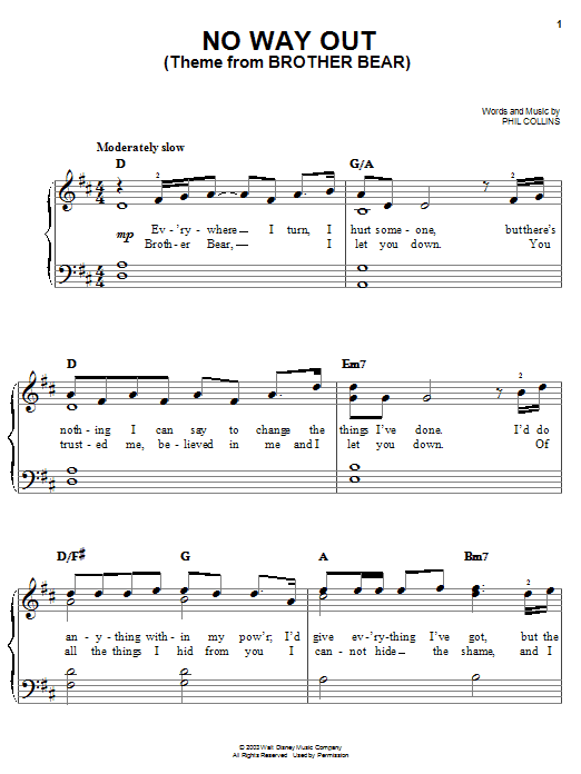 Phil Collins No Way Out (from Brother Bear) sheet music notes and chords. Download Printable PDF.