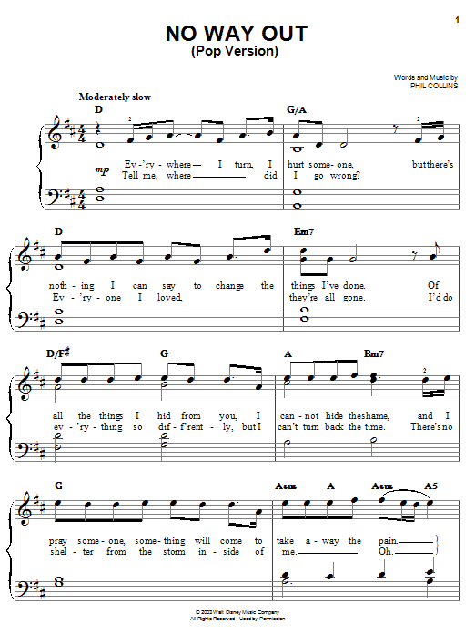 Phil Collins No Way Out (Pop Version) sheet music notes and chords. Download Printable PDF.