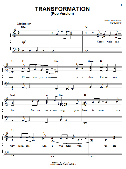 Phil Collins Transformation (Pop Version) sheet music notes and chords. Download Printable PDF.