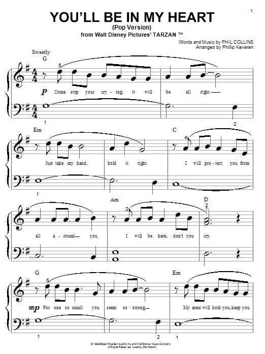 Phil Collins You'll Be In My Heart sheet music notes and chords - Download Printable PDF and start playing in minutes.