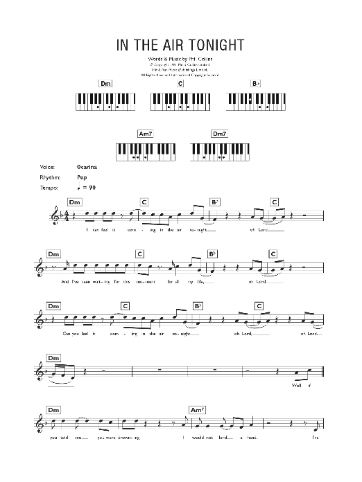 Phil Collins In The Air Tonight sheet music notes and chords. Download Printable PDF.