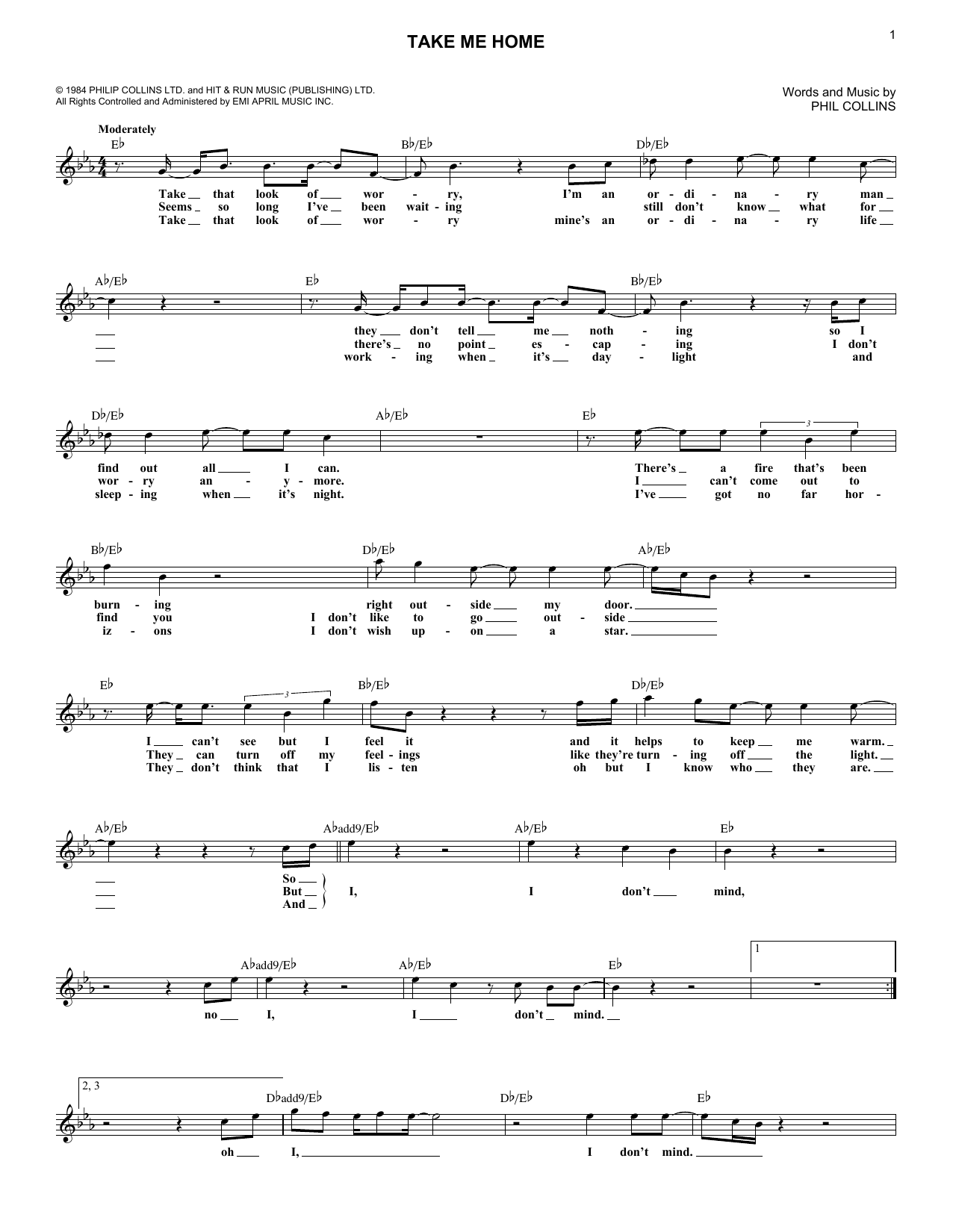 Phil Collins Take Me Home sheet music notes and chords. Download Printable PDF.