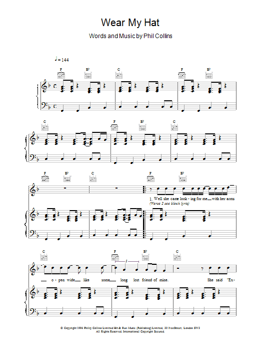Learn to play Phil Collins Wear My Hat sheet music for Piano, Vocal & Guitar in minutes. Phil Collins Wear My Hat sheet music notes and chords. Download Printable PDF.