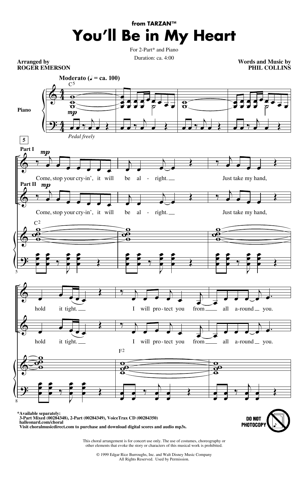 Phil Collins You Ll Be In My Heart From Tarzan Arr Roger Emerson Sheet Music Pdf Notes Chords Disney Score 2 Part Choir Download Printable Sku