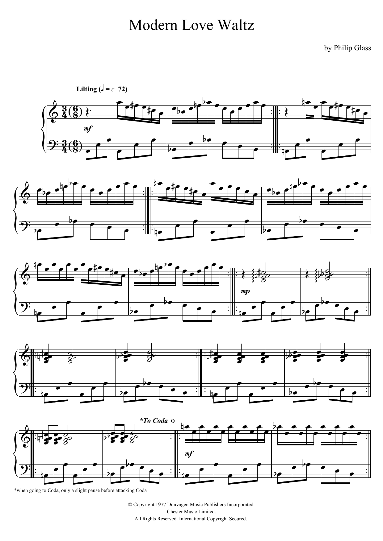 Philip Glass Modern Love Waltz sheet music notes and chords. Download Printable PDF.