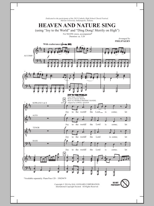 Learn to play Philip Kern Heaven And Nature Sing sheet music for SATB Choir in minutes. Price: 3.9900$ Philip Kern Heaven And Nature Sing sheet music notes and chords arranged for SATB Choir