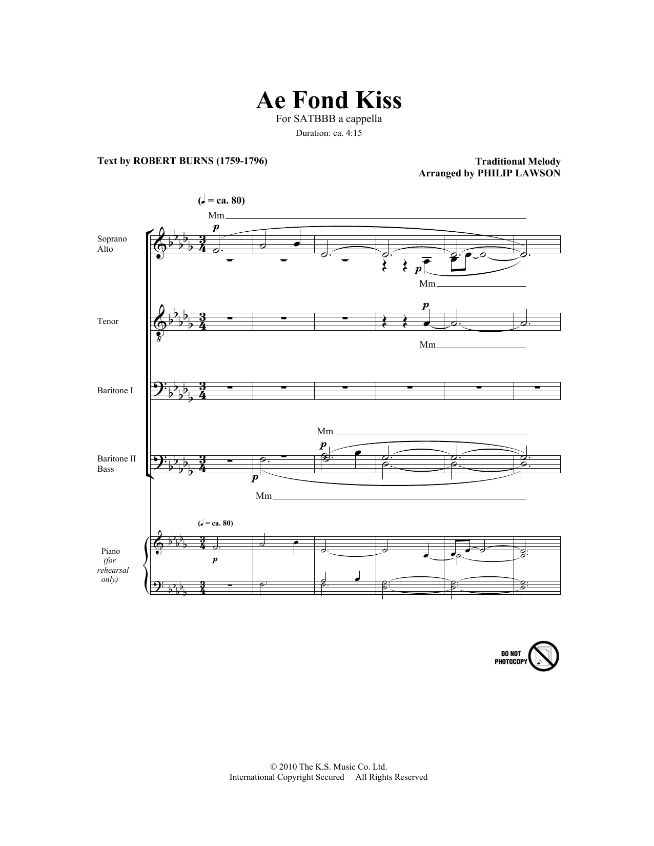 Philip Lawson Ae Fond Kiss sheet music notes and chords. Download Printable PDF.