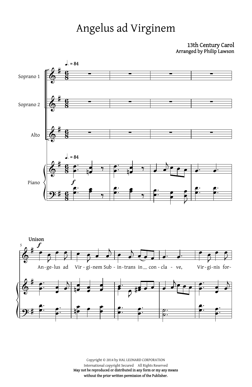 Christmas Carol Angelus Ad Virginem (arr. Philip Lawson) sheet music notes and chords. Download Printable PDF.