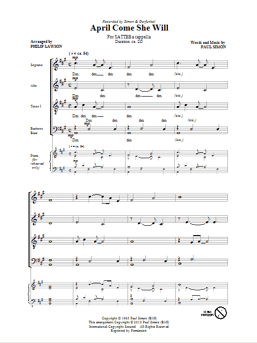 Learn to play Simon & Garfunkel April Come She Will (arr. Philip Lawson) sheet music for SATB Choir in minutes. Price: 3.9900$ Simon & Garfunkel April Come She Will (arr. Philip Lawson) sheet music notes and chords arranged for SATB Choir
