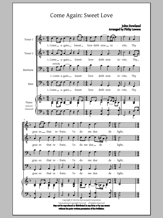 Learn to play Philip Lawson Come Again, Sweet Love (Collection) sheet music for TTBB Choir in minutes. Price: 3.9900$ Philip Lawson Come Again, Sweet Love (Collection) sheet music notes and chords arranged for TTBB Choir